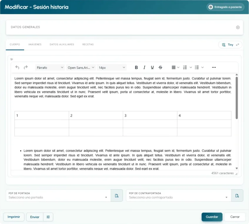 Sesión de historia clínica de EviMedic con editor de texto enriquecido y pestañas de imágenes, datos auxiliares y recetas