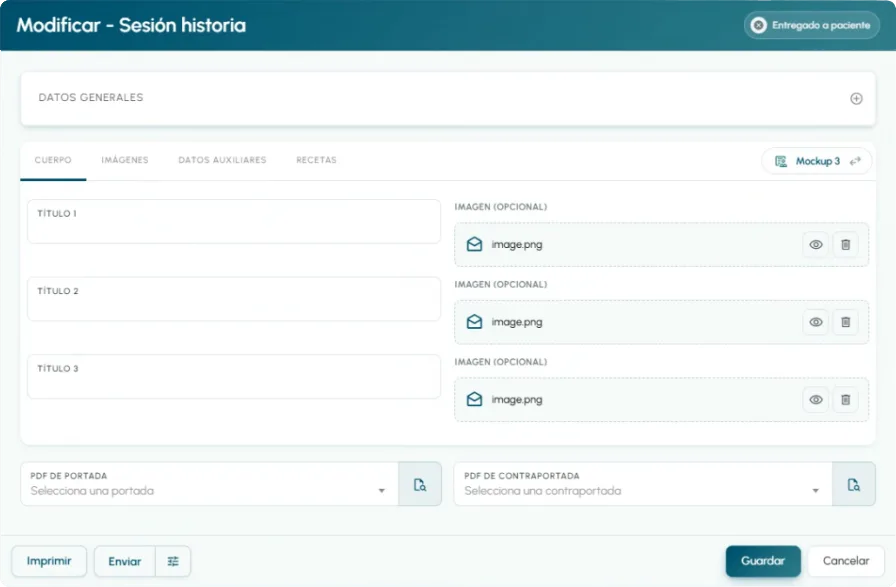 Plantilla de historia clínica de EviMedic con campos de título e imagen opcional por apartado