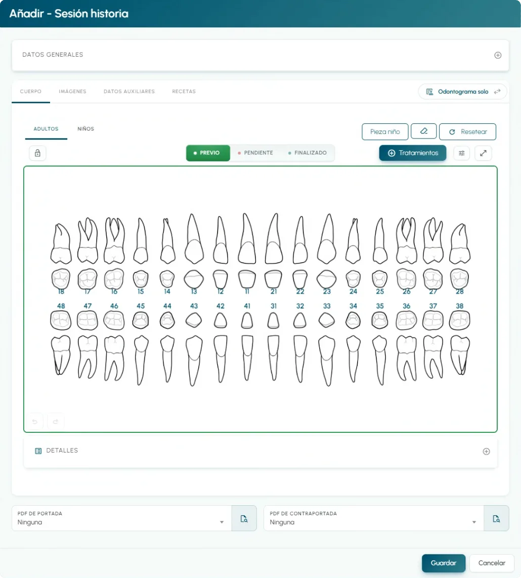 Odontograma interactivo de EviMedic con dentición de adultos y estados previo, pendiente y finalizado