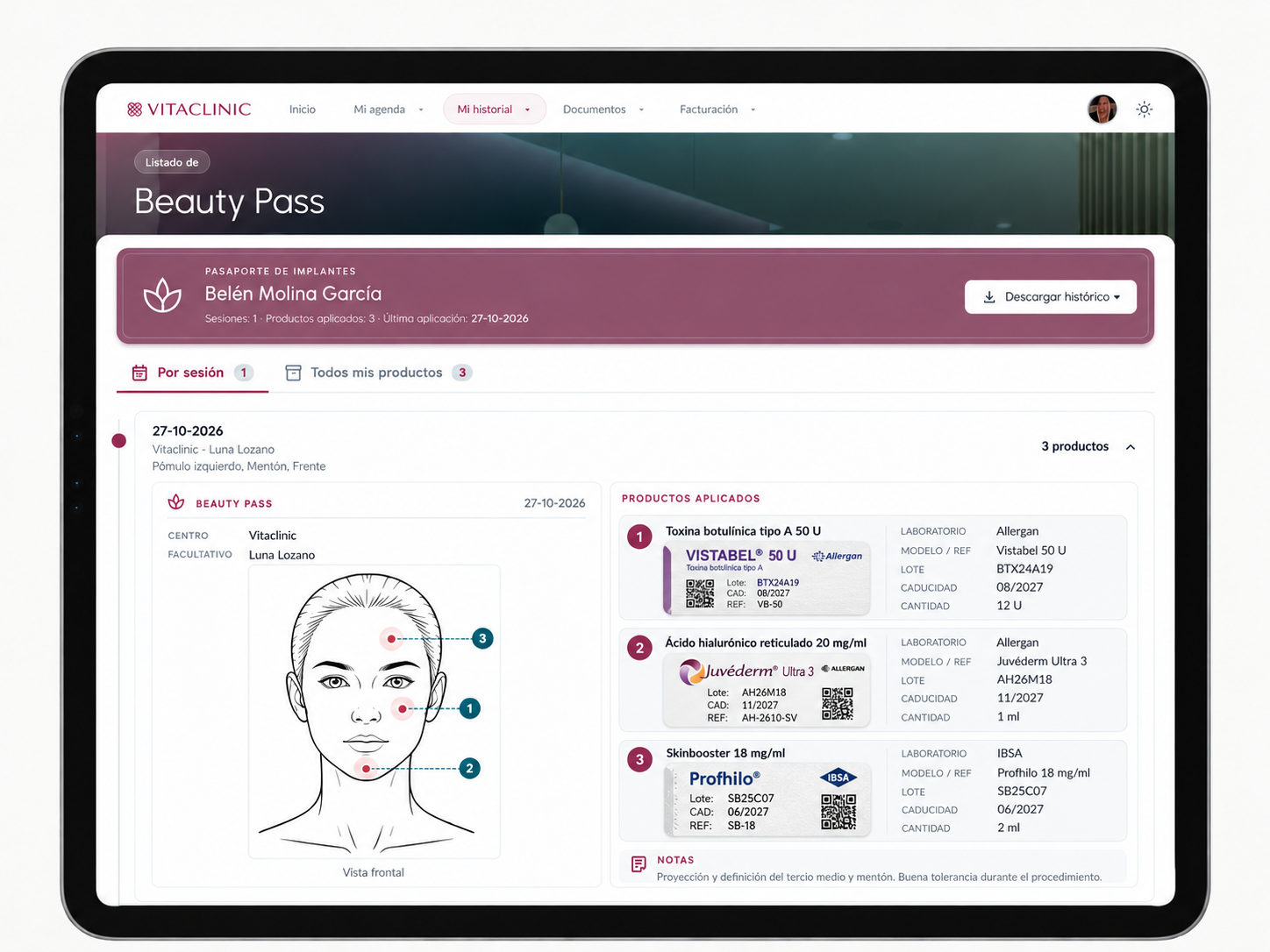 El Beauty Pass desde el portal del paciente con histórico de sesiones, mapa facial y etiquetas de productos
