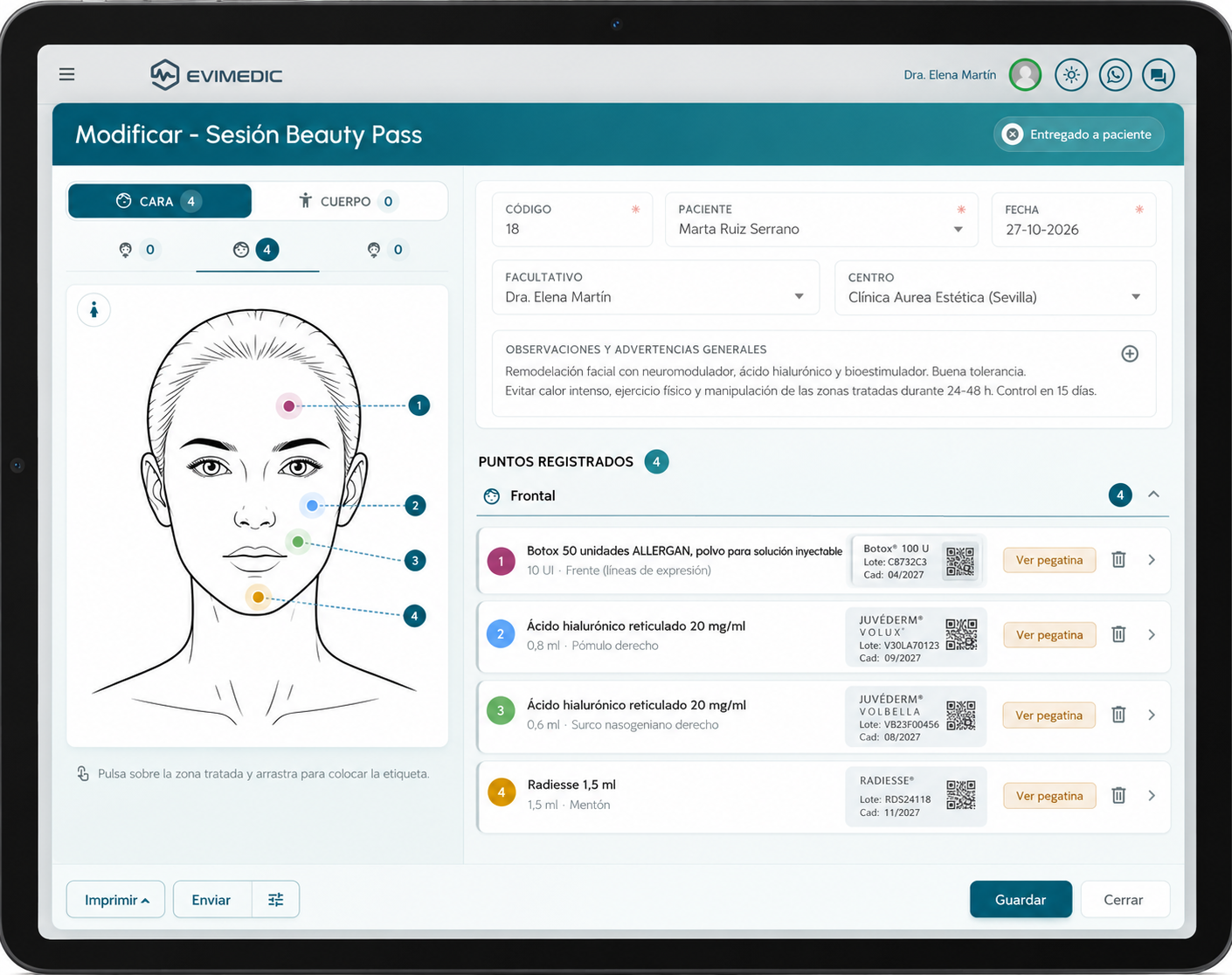 Sesión del Beauty Pass en EviMedic con mapa facial, zonas tratadas y productos registrados