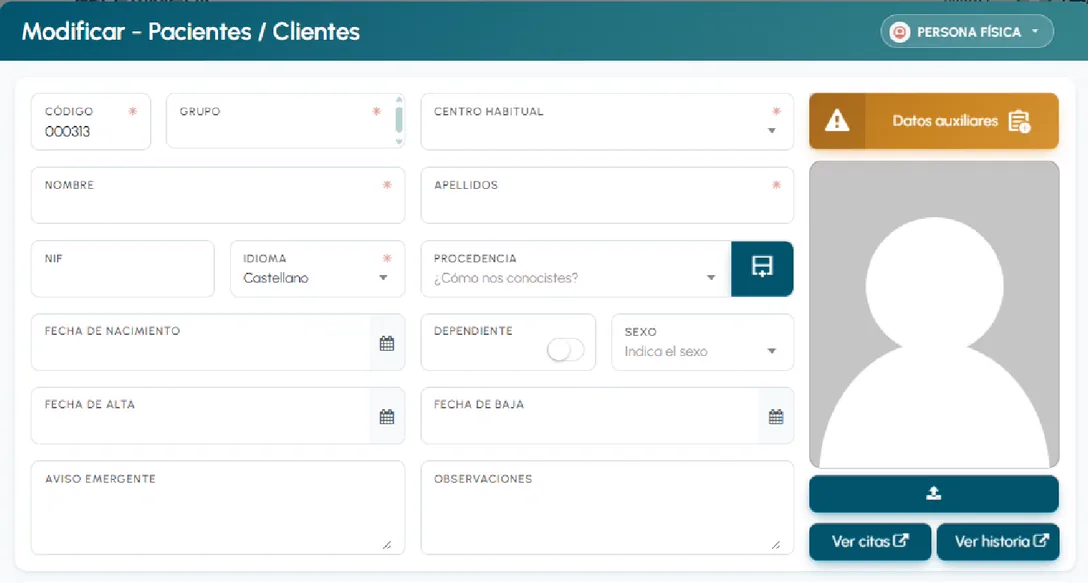 Ficha de paciente en EviMedic: Modificar — Pacientes / Clientes