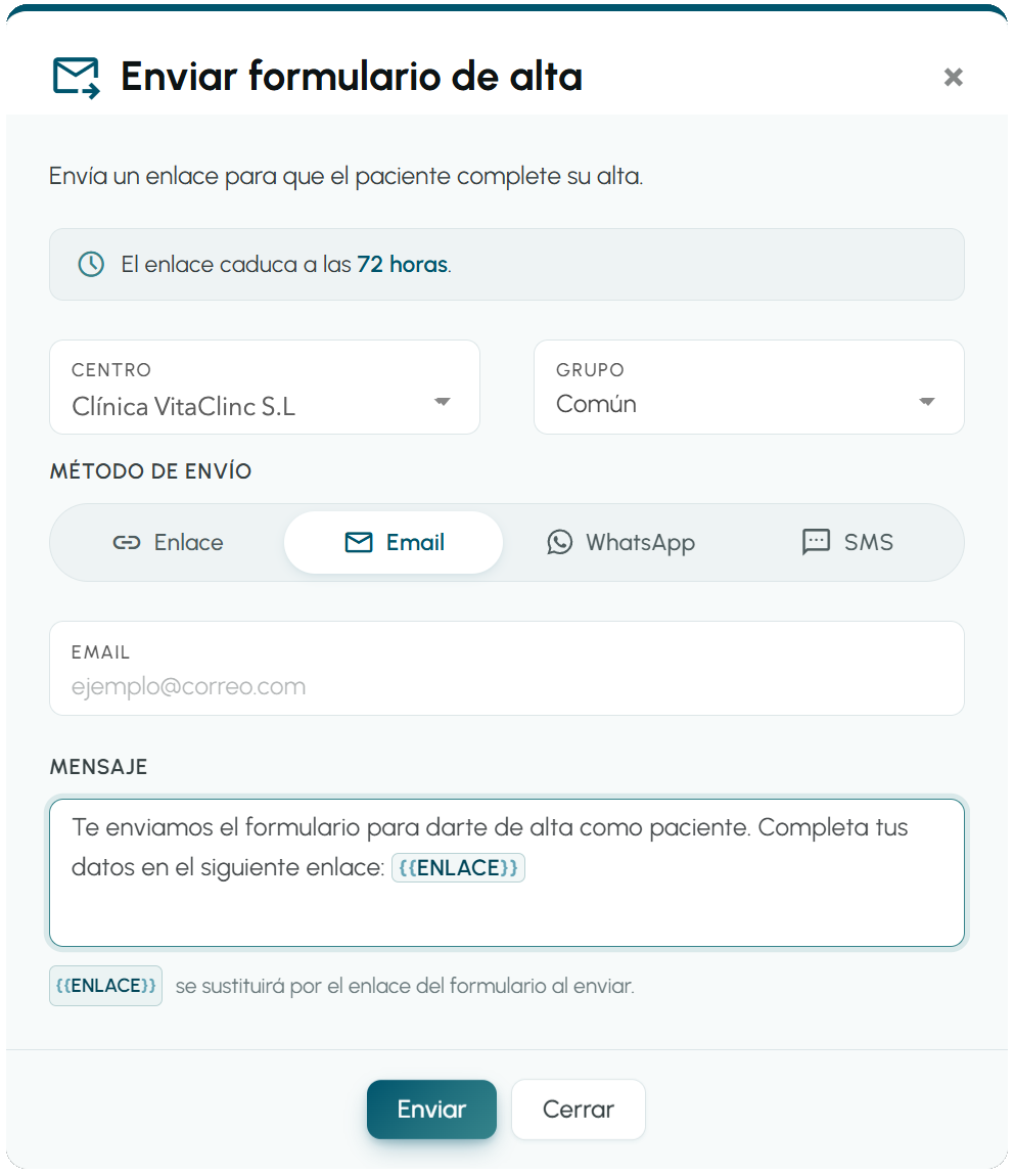 Formulario de alta remota de pacientes en EviMedic